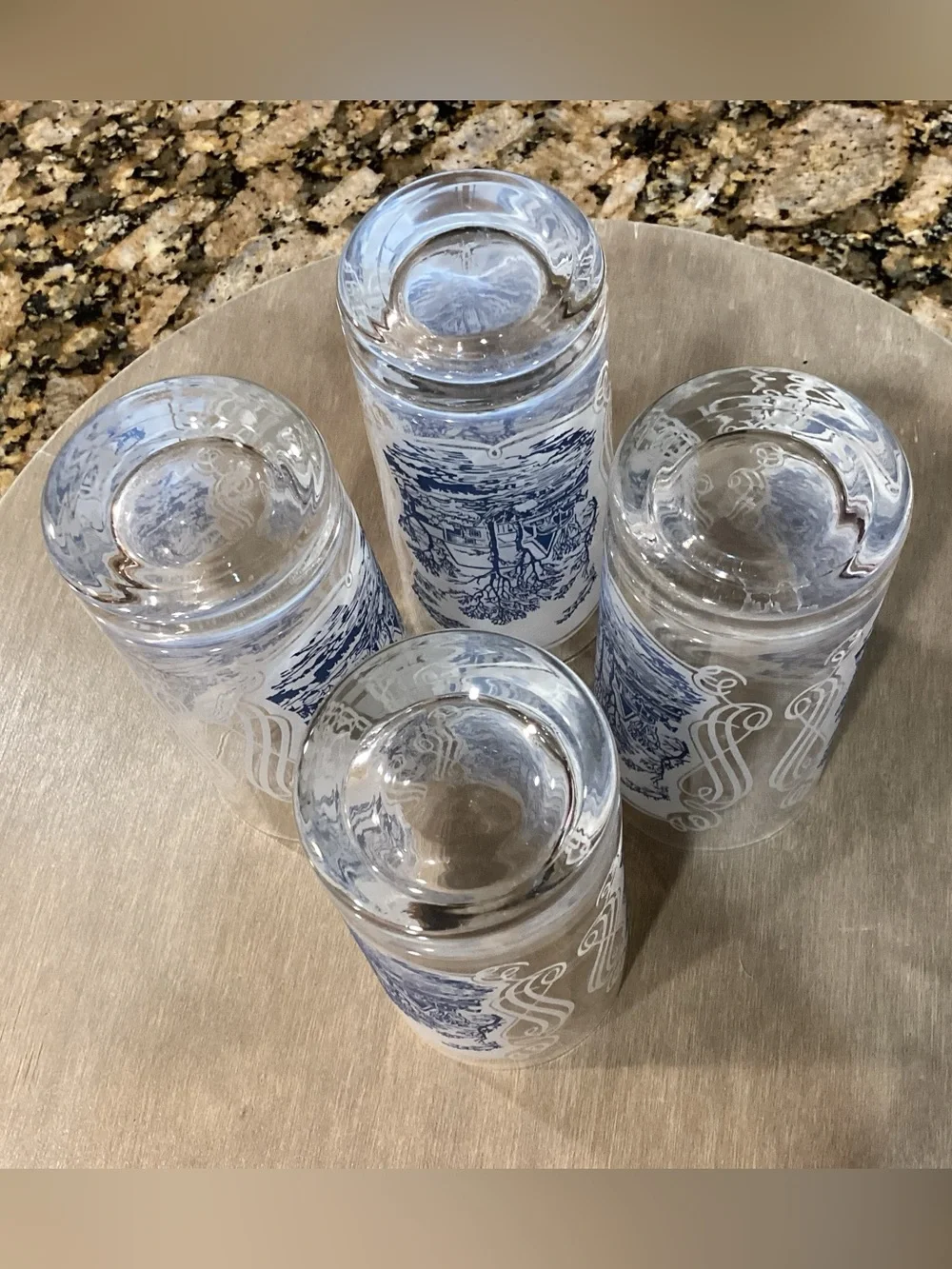 Vintage Currier & Ives Blue Glass Tumblers - Set of 4